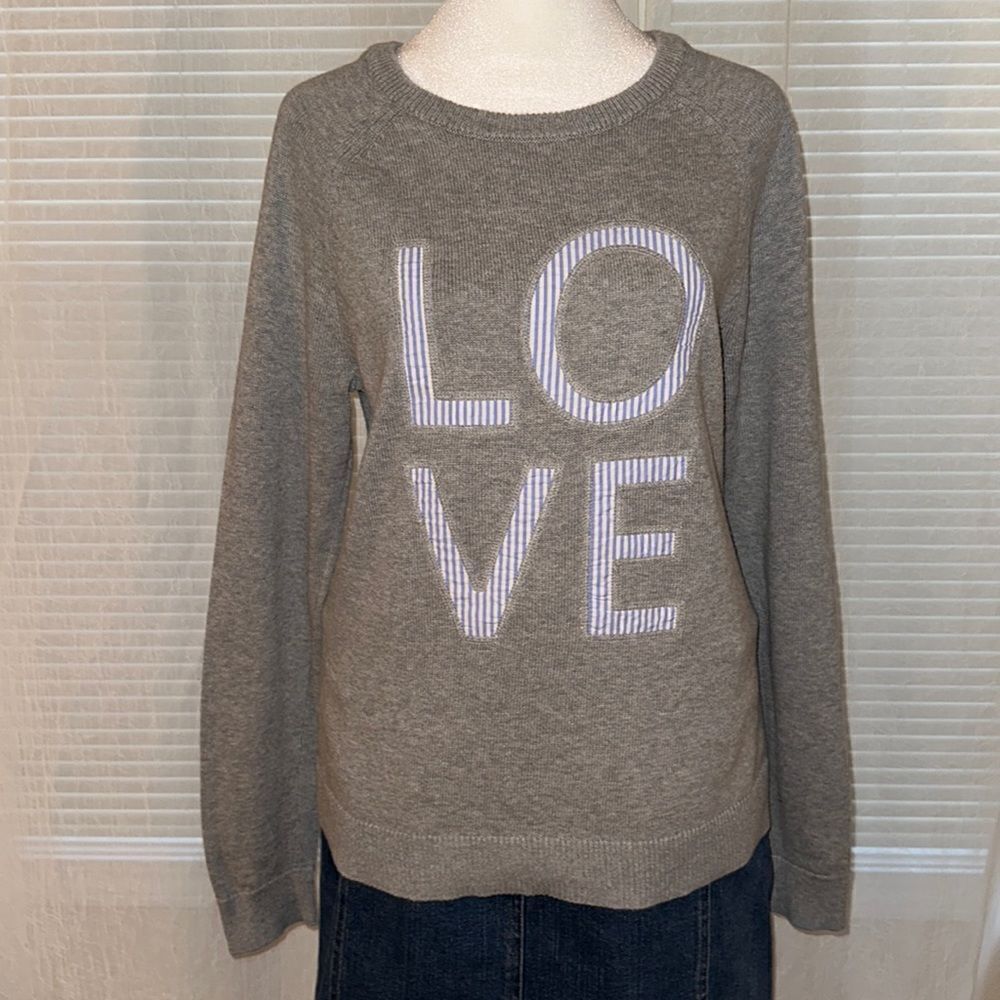 GAP M Gray Raglan Sleeve Crewneck Knit Pullover LOVE Striped Letters Sweater